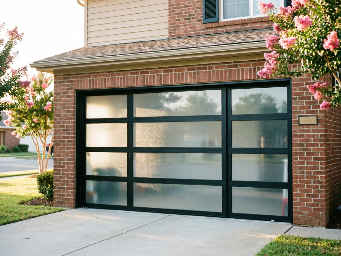 A modern black garage door with frosted glass panels on a brick house.