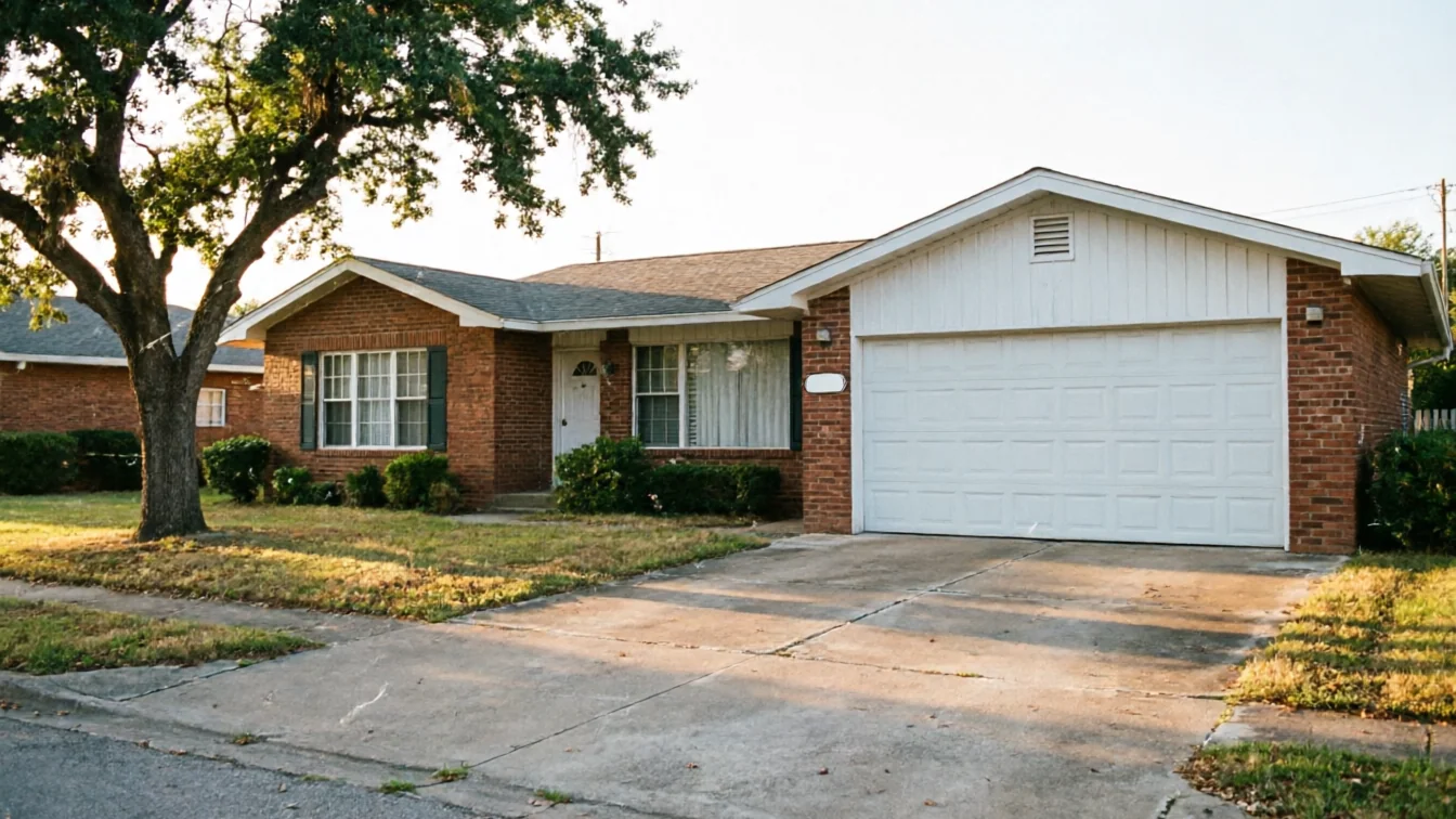 A brick house with a white garage door and a large tree in the front yard.