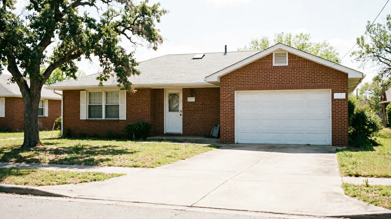 A brick house with a white garage door and a large tree in the front yard.