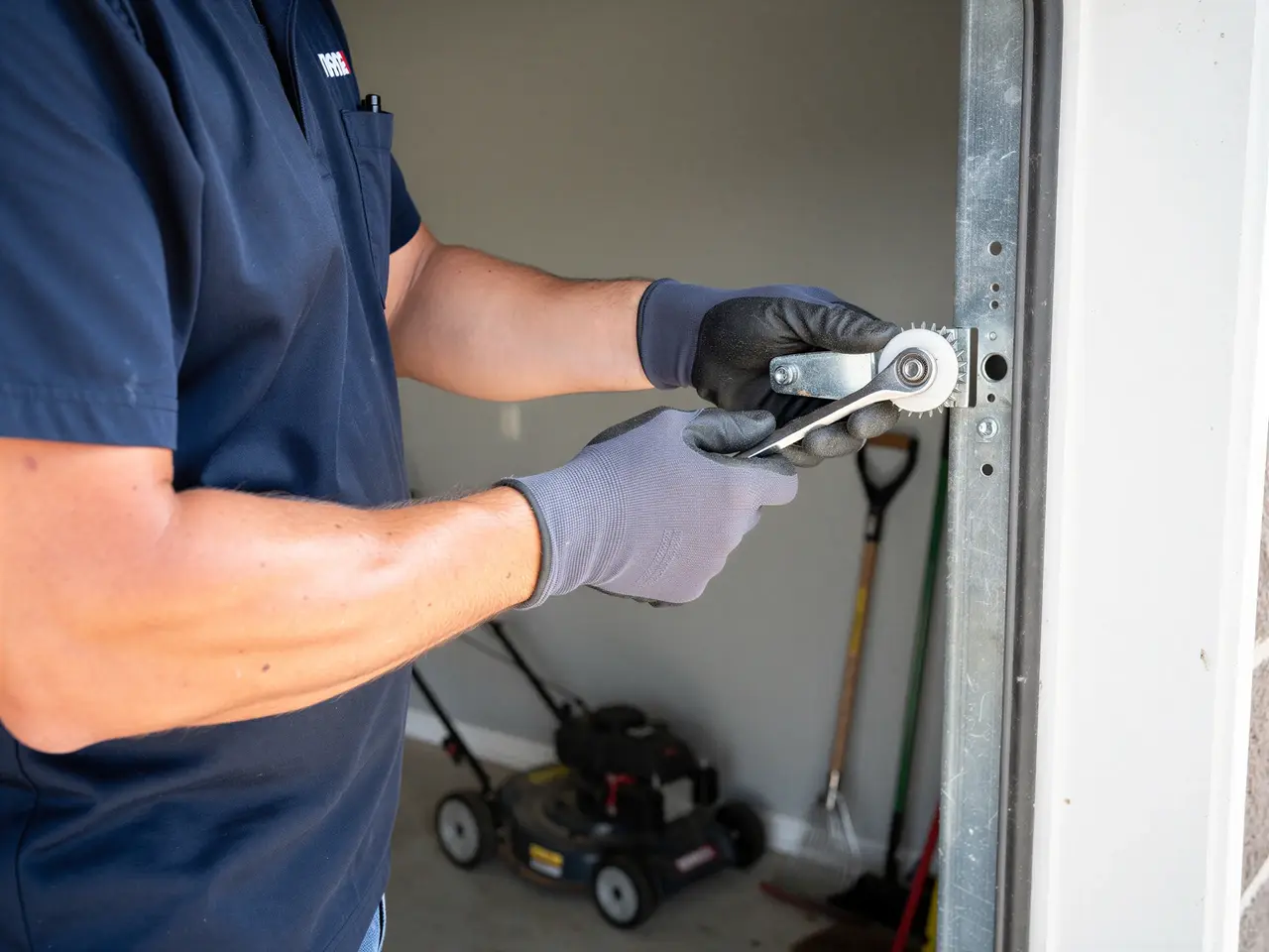 A technician in gloves adjusts a garage door roller with a wrench.