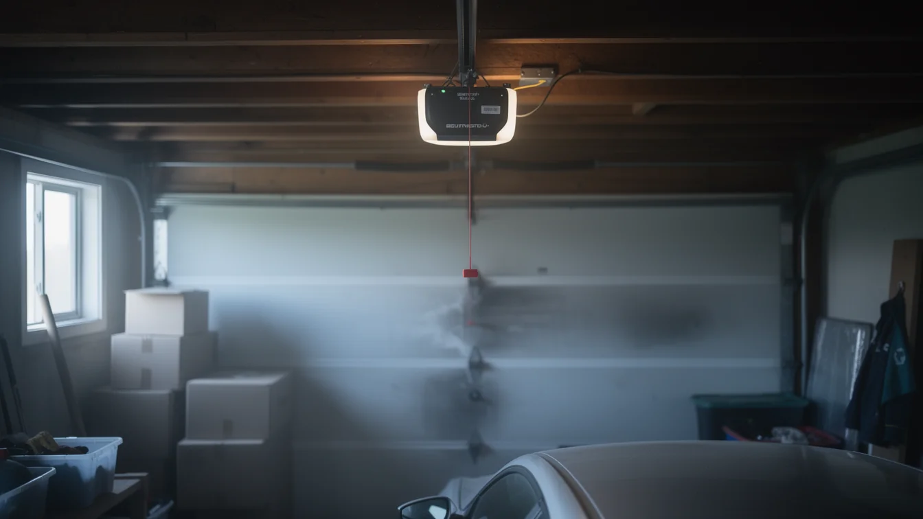 A garage door opener with an illuminated light hangs above a closed garage door.
